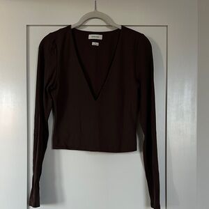 Babaton Deep V-Neck Long Sleeve Top - Dark Brown